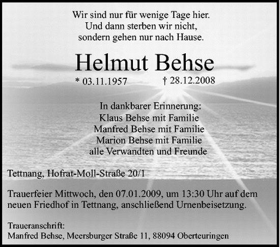 Nachruf Helmut Behse